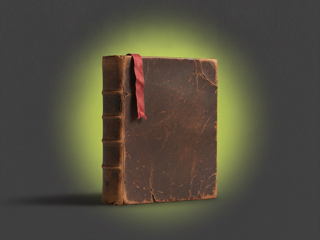 An antique leather-bound ledger with a red ribbon bookmark against a dark background lit by a soft green glow