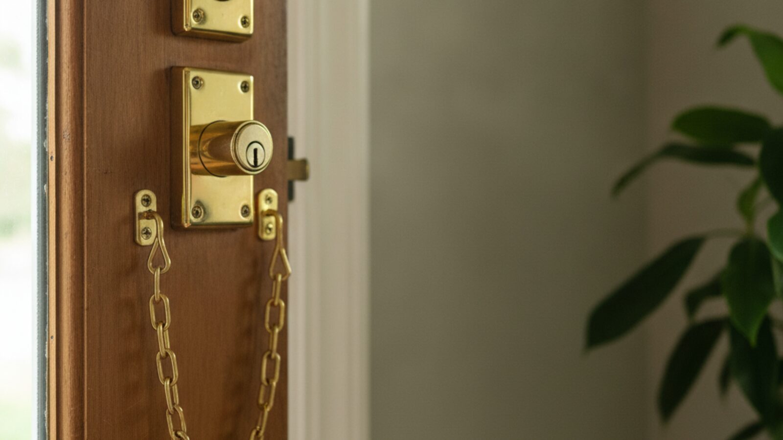 A warm front door with a sturdy brass deadbolt — real protection is the lock and deciding who gets a key.
