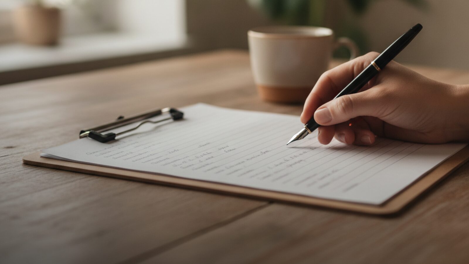 A hand filling a printed form on a wooden clipboard with a fountain pen, a coffee cup nearby