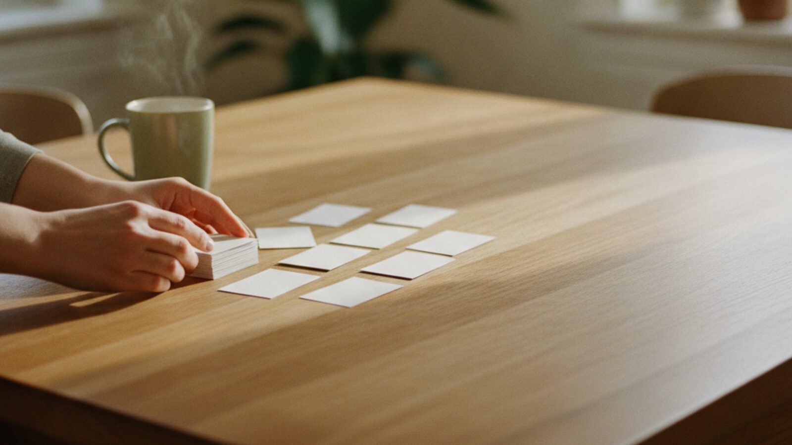 Hands arranging small blank cards on a wooden table beside a steaming mug
