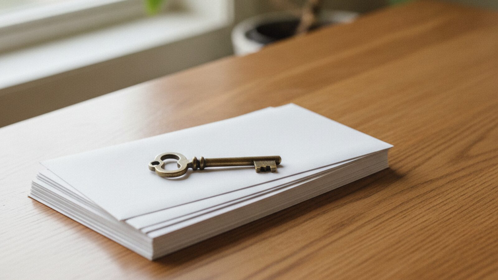 A single brass key resting on a stack of blank envelopes on a warm wooden table — your email is the master key to every other account.