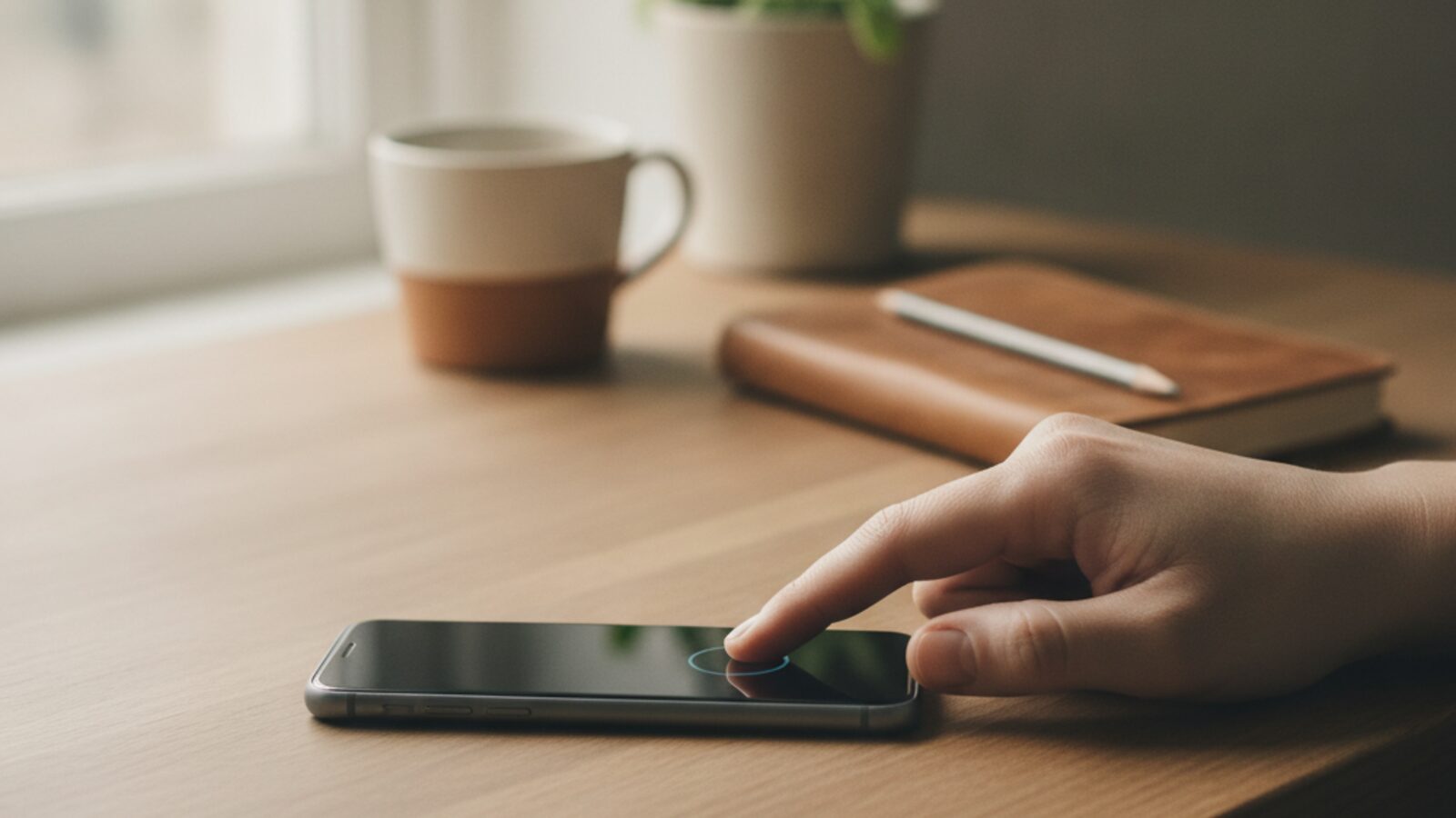 A finger unlocking a phone with its fingerprint sensor on a desk