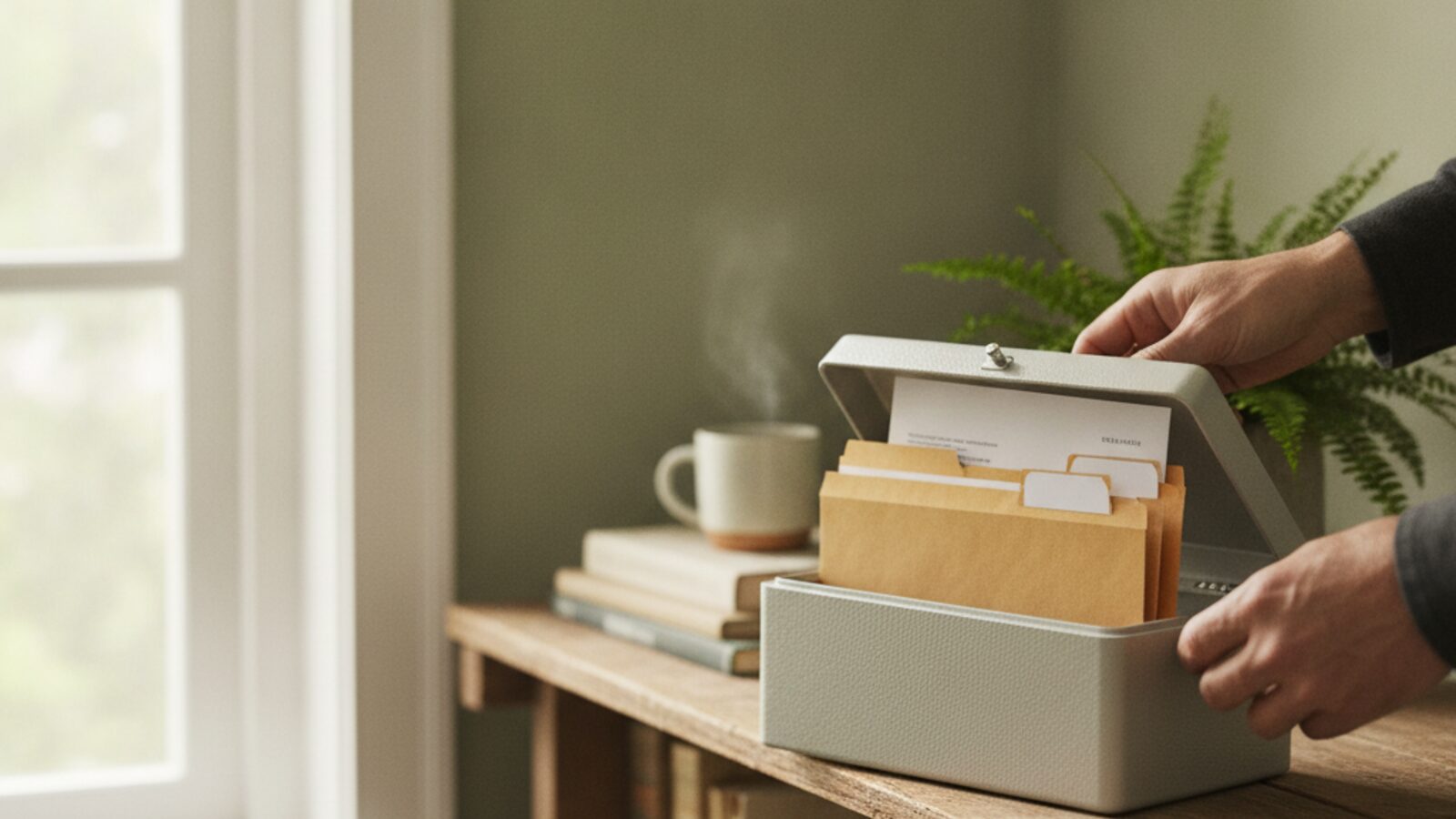 An open document box holding labeled folders on a shelf
