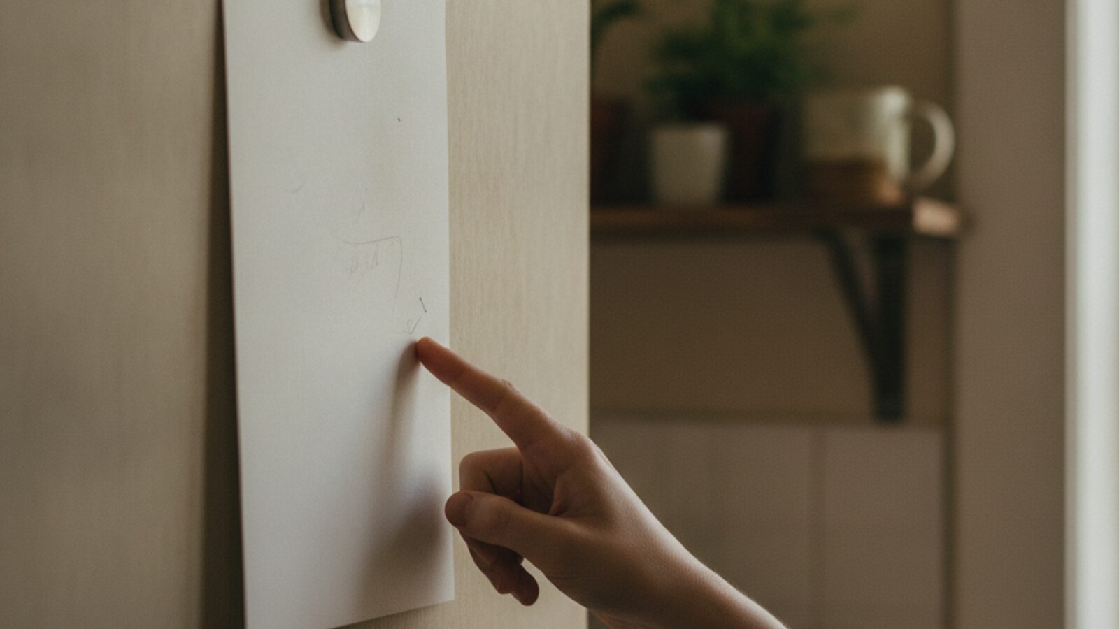 A single sheet of paper held by a magnet on a fridge door