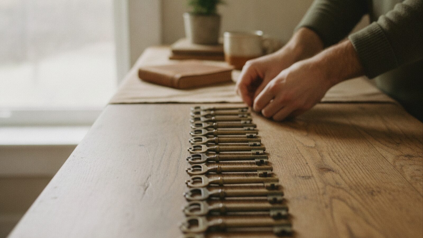 A long row of nearly identical keys laid out on a wooden table