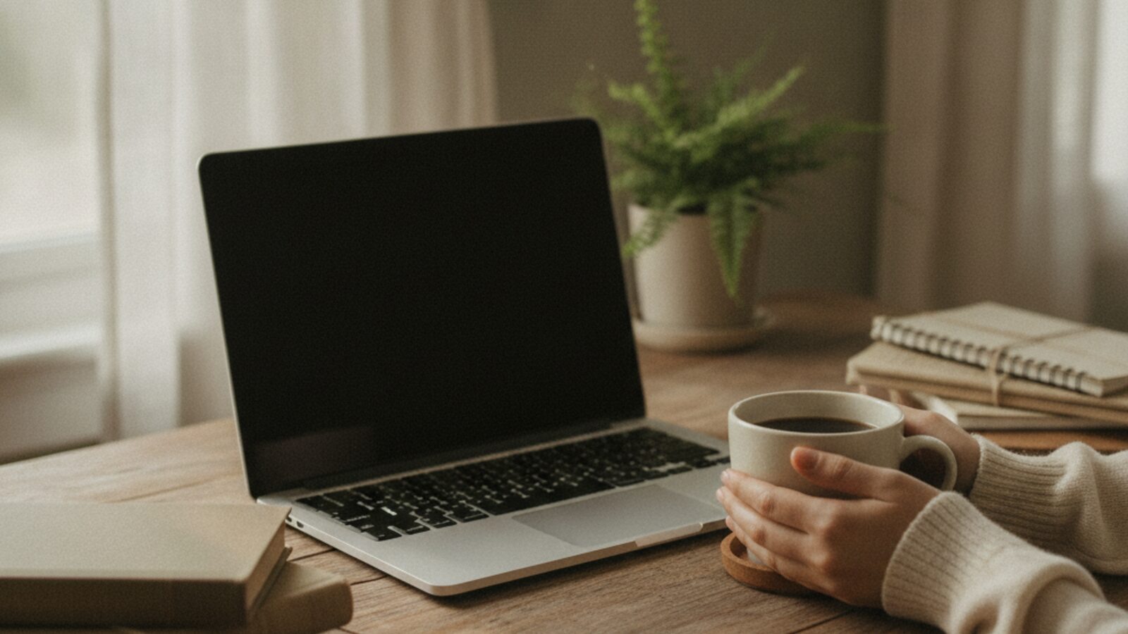 An open laptop with a blank screen on a desk beside a coffee cup