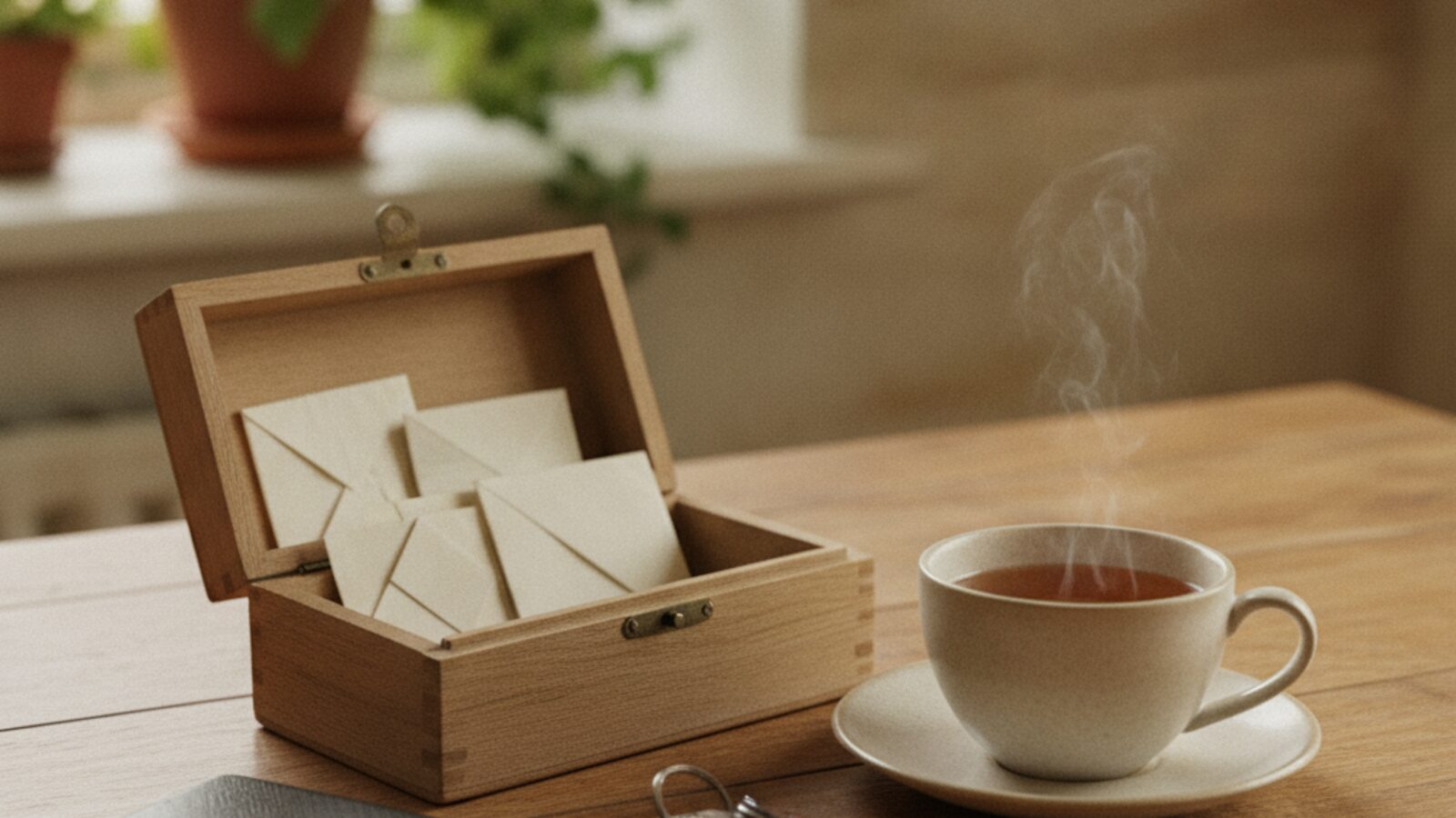 A small wooden keepsake box holding folded papers, with a phone, house keys, and a cup of tea beside it — everything your family would need, organized in one place.