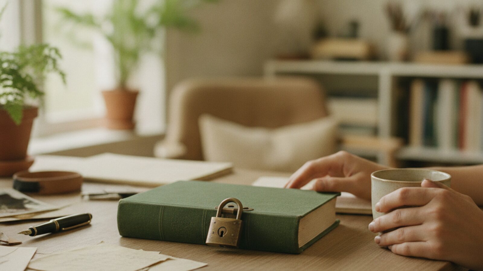 A hardcover ledger held shut by a small brass padlock on a desk