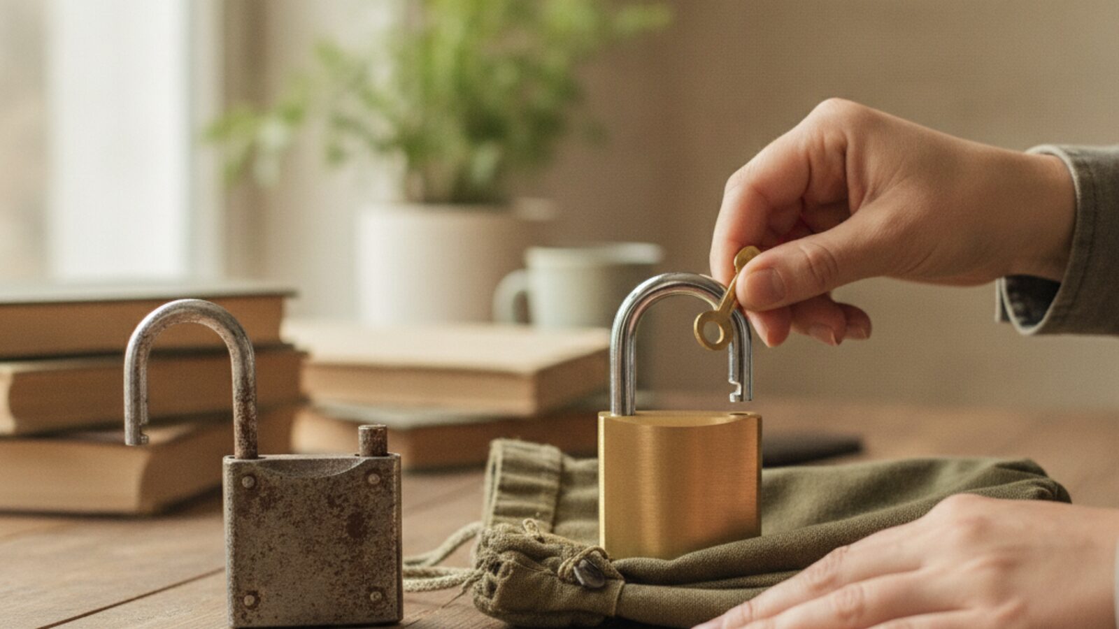 A shiny new brass padlock beside an older weathered one on a table