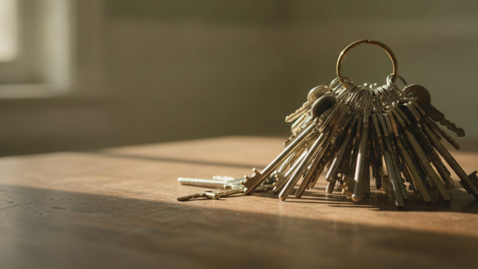 A brass ring crowded with dozens of assorted keys resting on a wooden table in soft window light