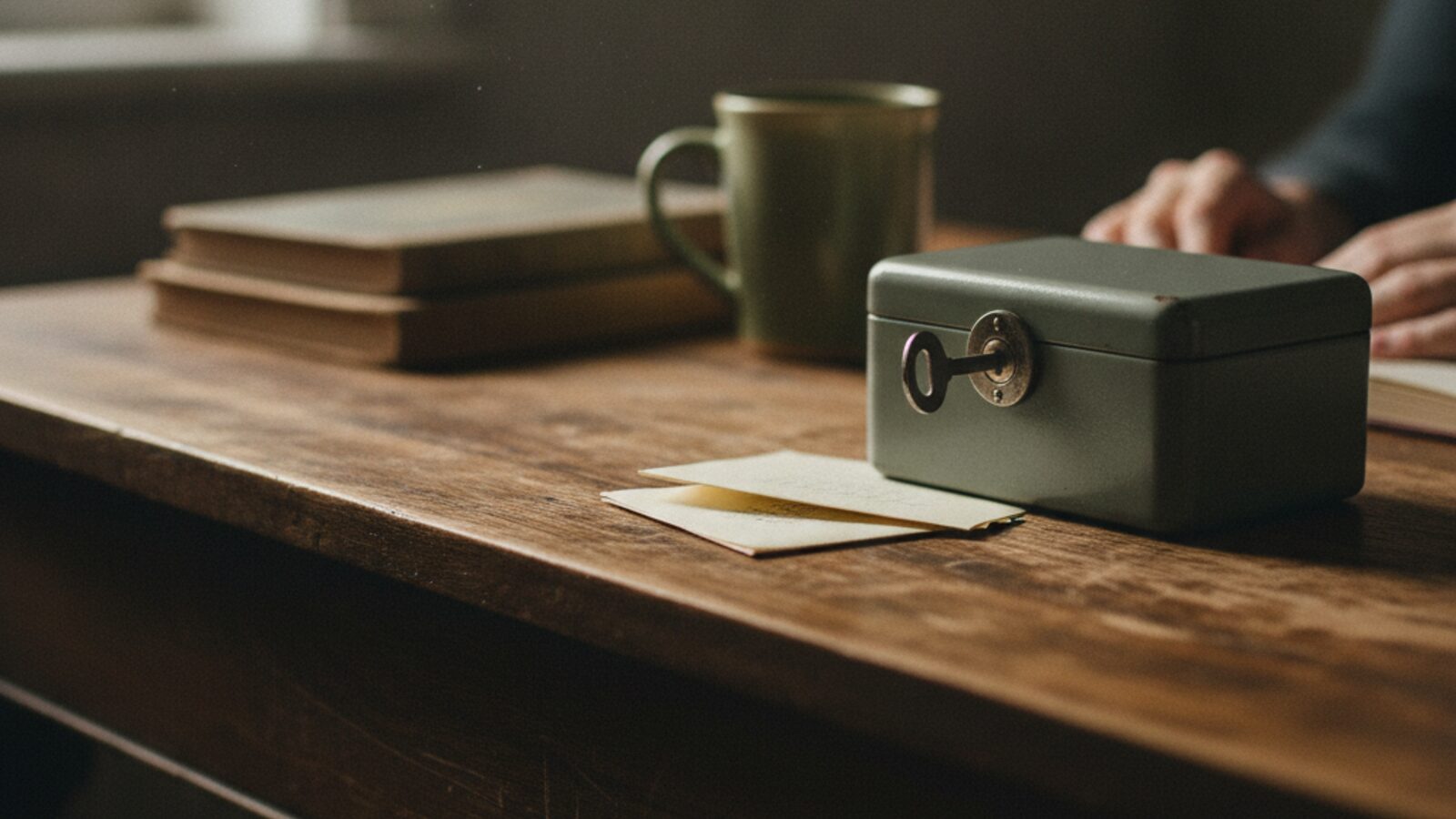 A small metal lockbox with its key on a wooden desk — personal things kept in one place you control.