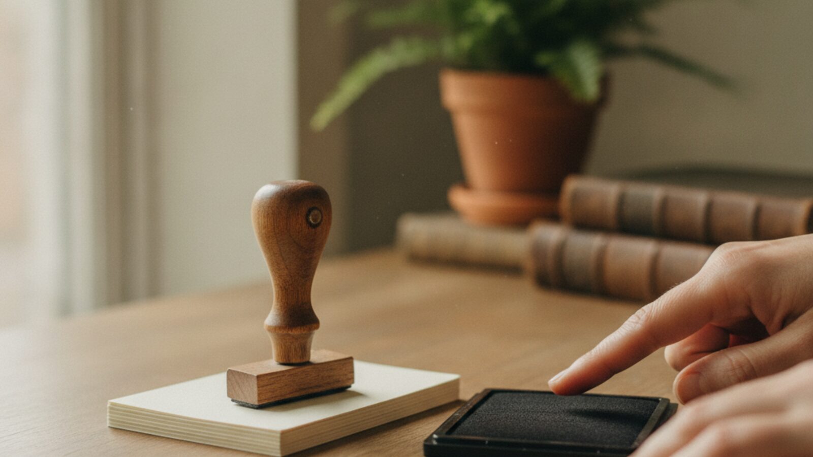 A wooden rubber stamp and ink pad beside a stack of blank cards on a desk