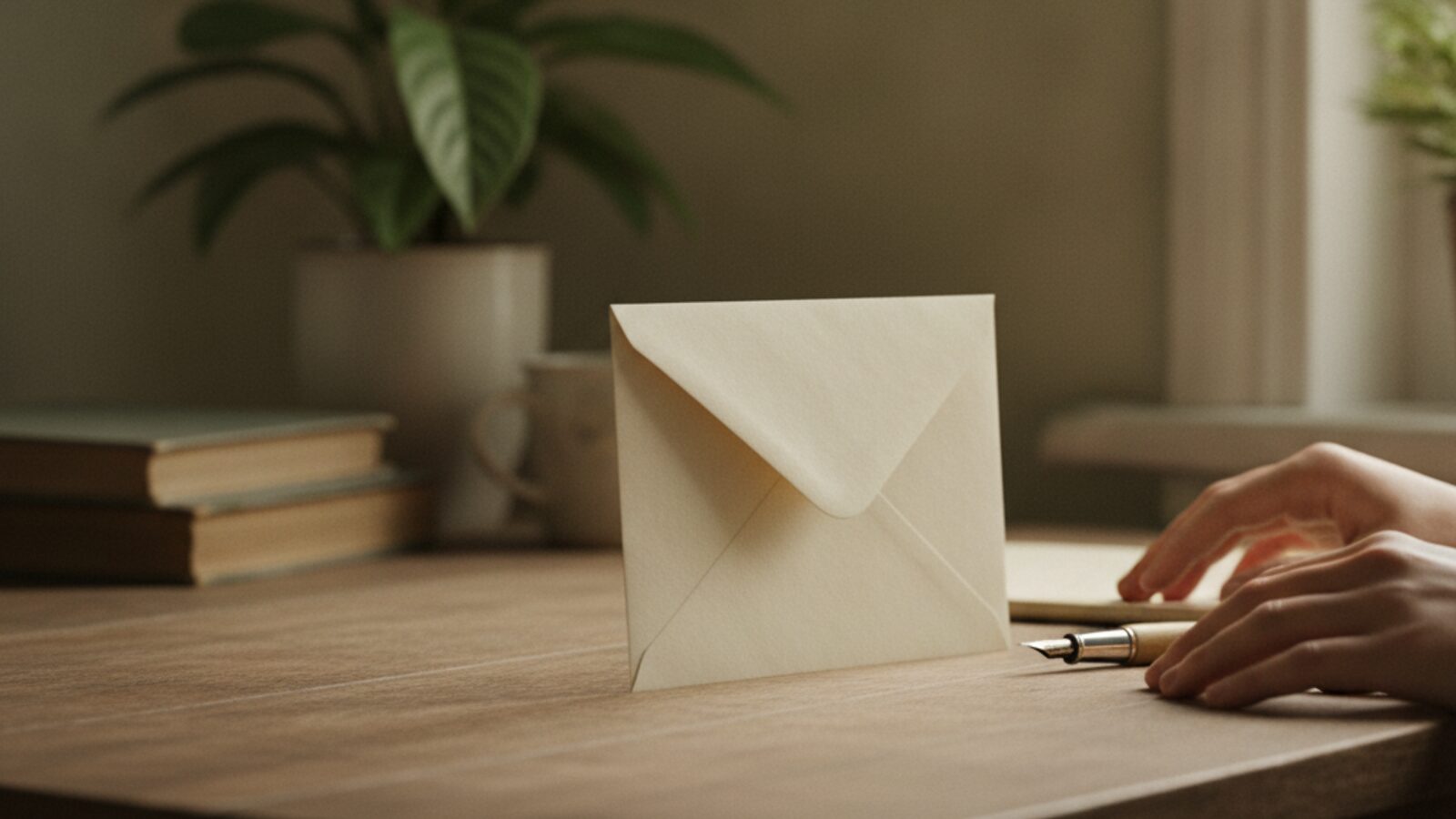 A sealed cream envelope standing upright on a wooden desk, a plant and books softly blurred behind it