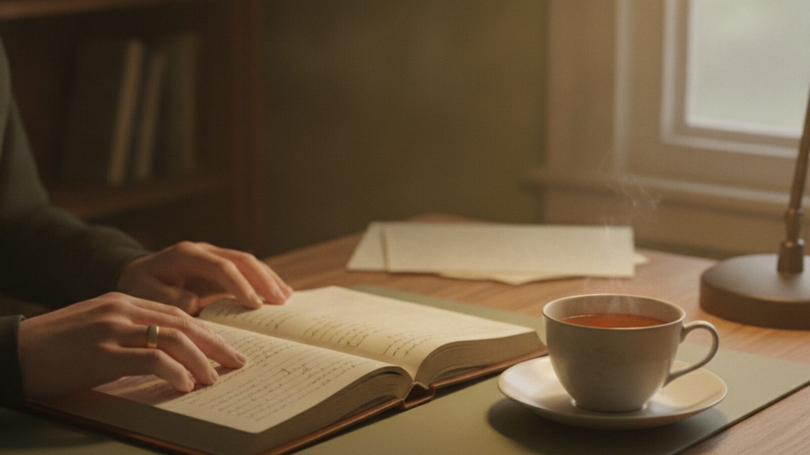 An open handwritten address book beside a cup of tea under a warm lamp