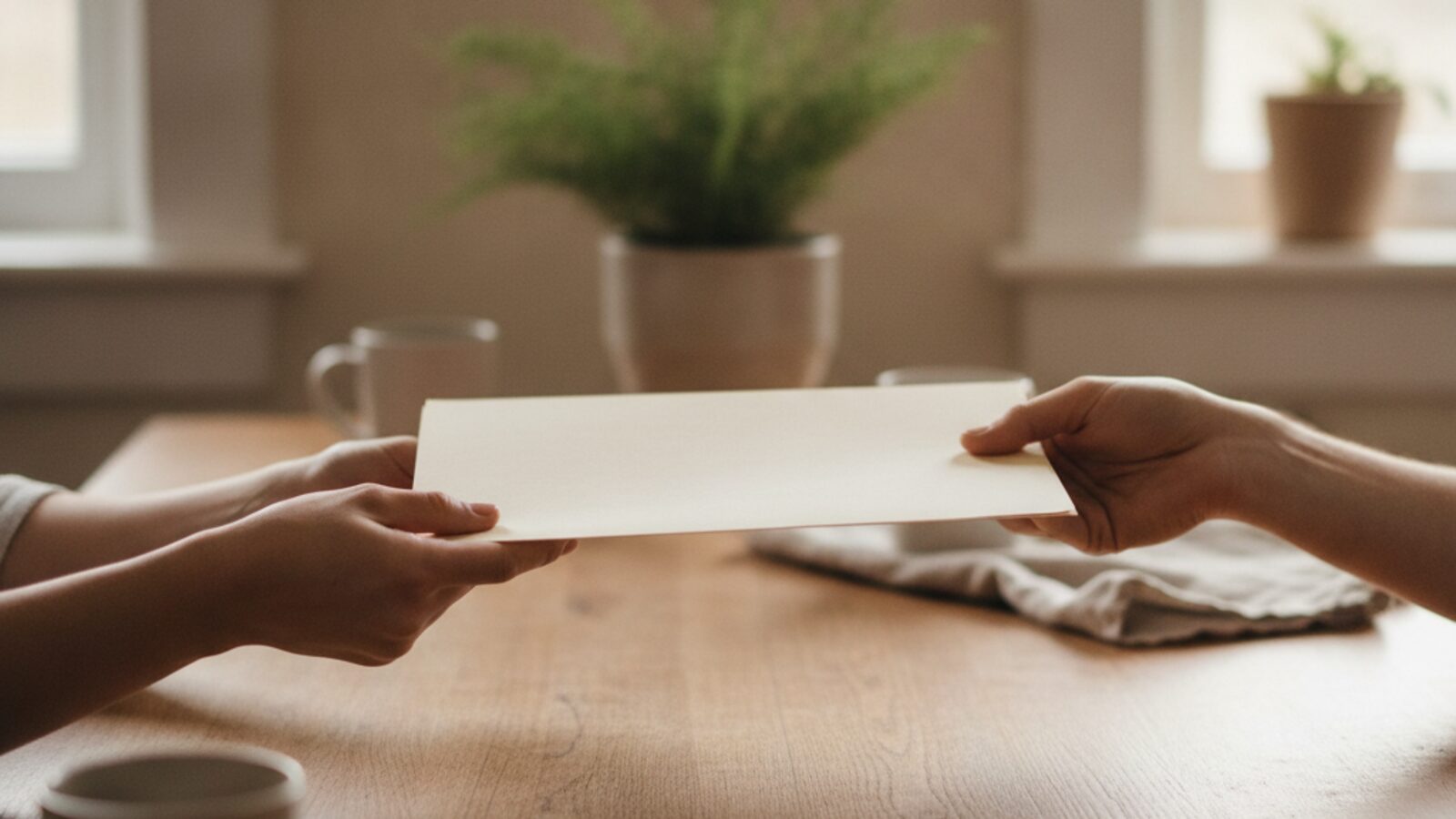 Dos manos pasándose un documento sobre una mesa cálida — una entrega deliberada y de confianza.