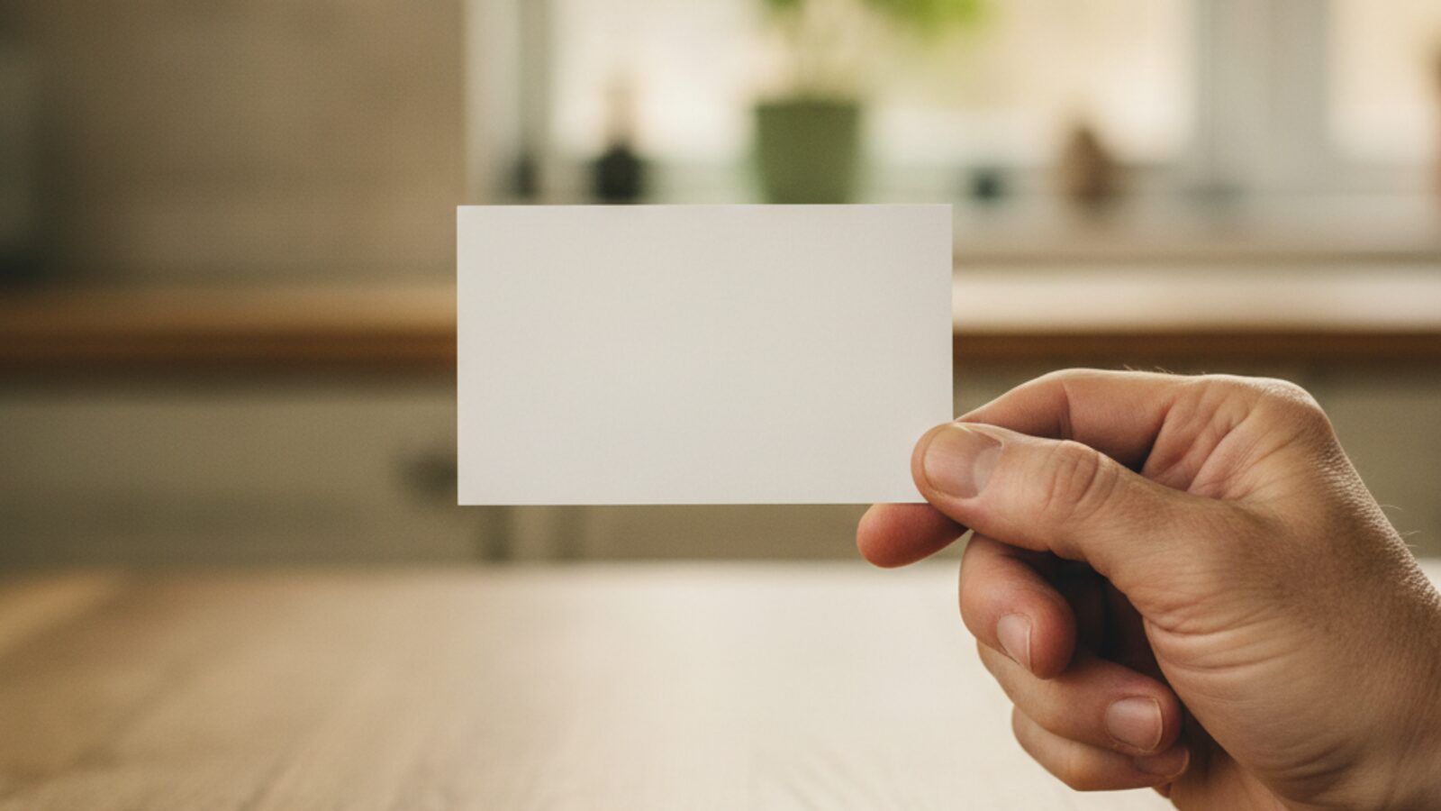 Una mano ofreciendo una sola tarjeta en blanco sobre una mesa cálida