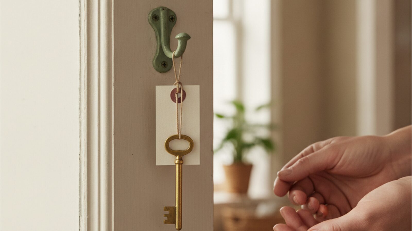 A spare key on a paper tag hanging from a hook by a doorway