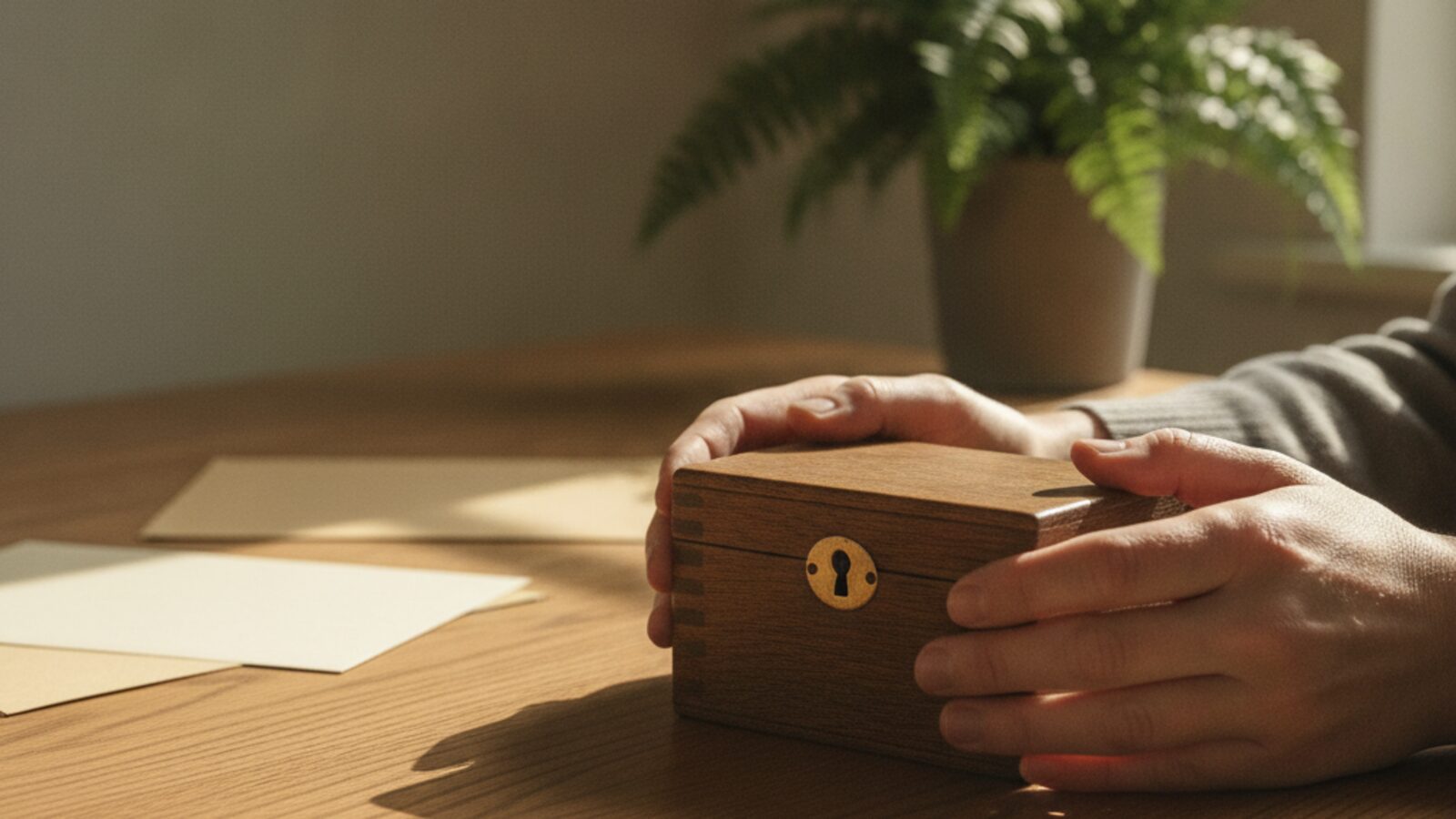 Hands cradling a small wooden box with a keyhole on a table